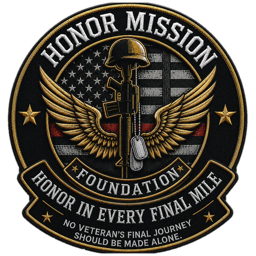 Honor Mission Foundation embroidered patch showing a battlefield cross, wings, dog tags, American flag, and the motto Honor in Every Final Mile